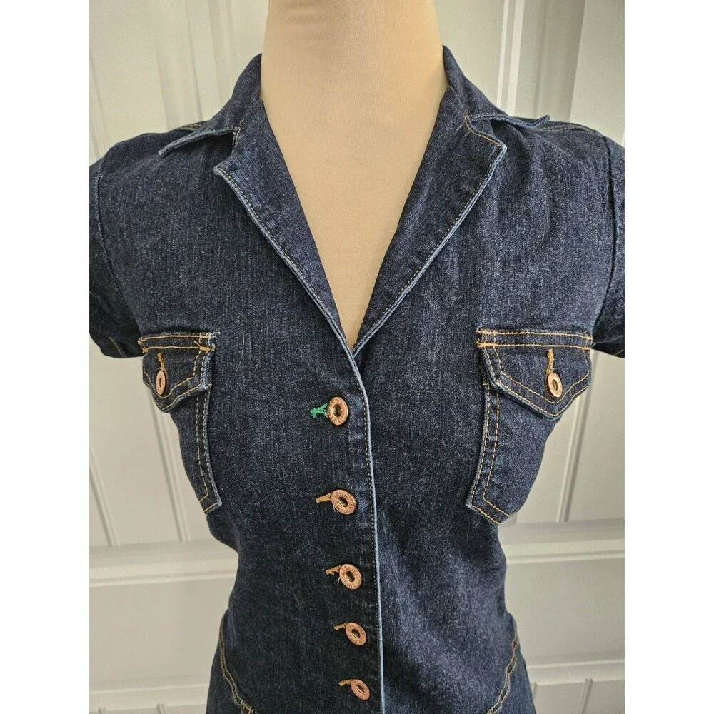 Tommy Hilfiger Vintage Y2K Denim Dress Sz M Dropped Waist Button Front Stretch - Picture 4 of 11